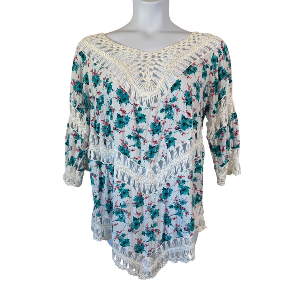 Vivid Importers of NY Boho Top Women's Size XL Crochet Blue White Tunic Hippie